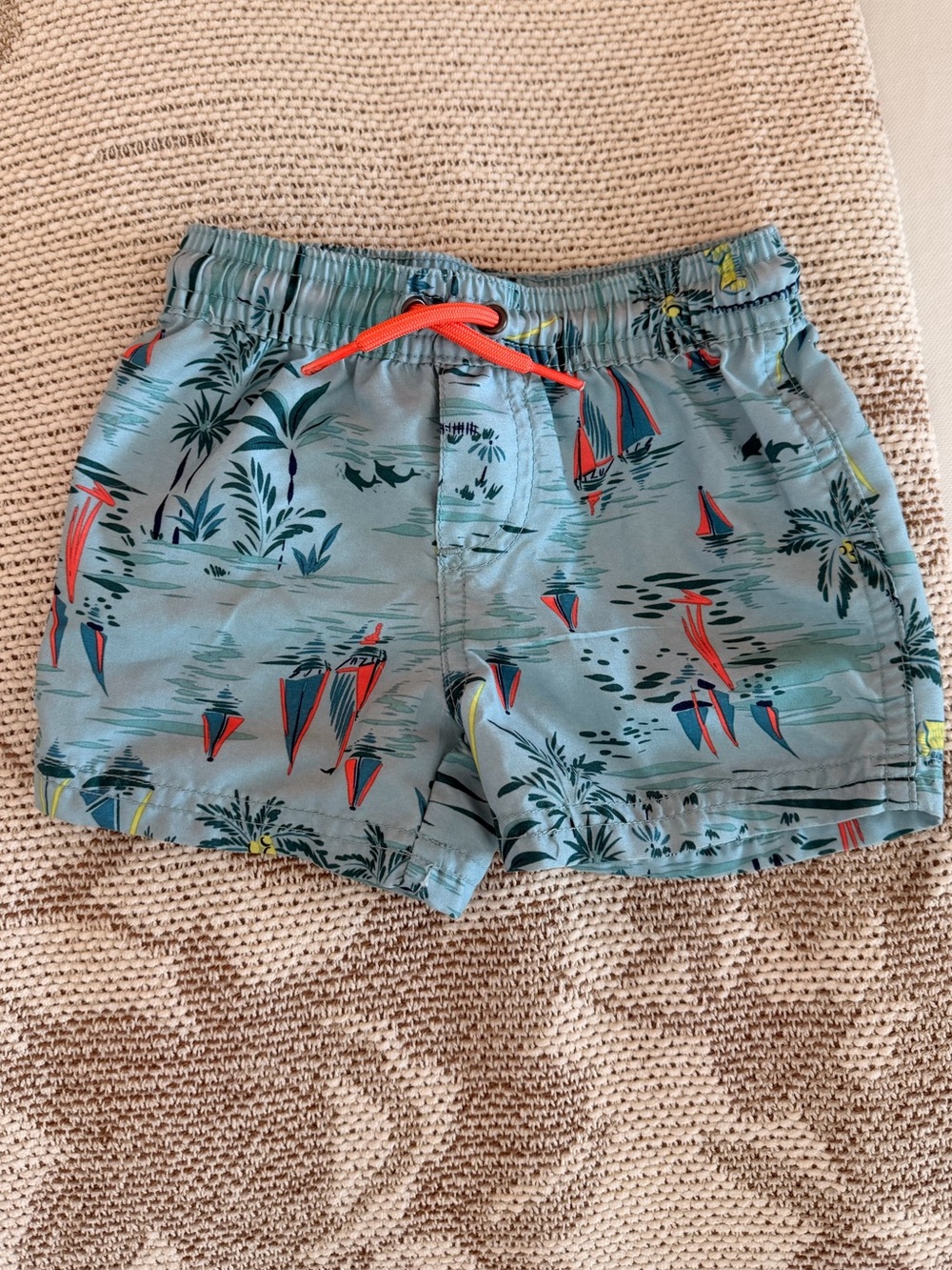 Carter's Light Blue Tropical Sailboat Swim Trunks with Coral Accents